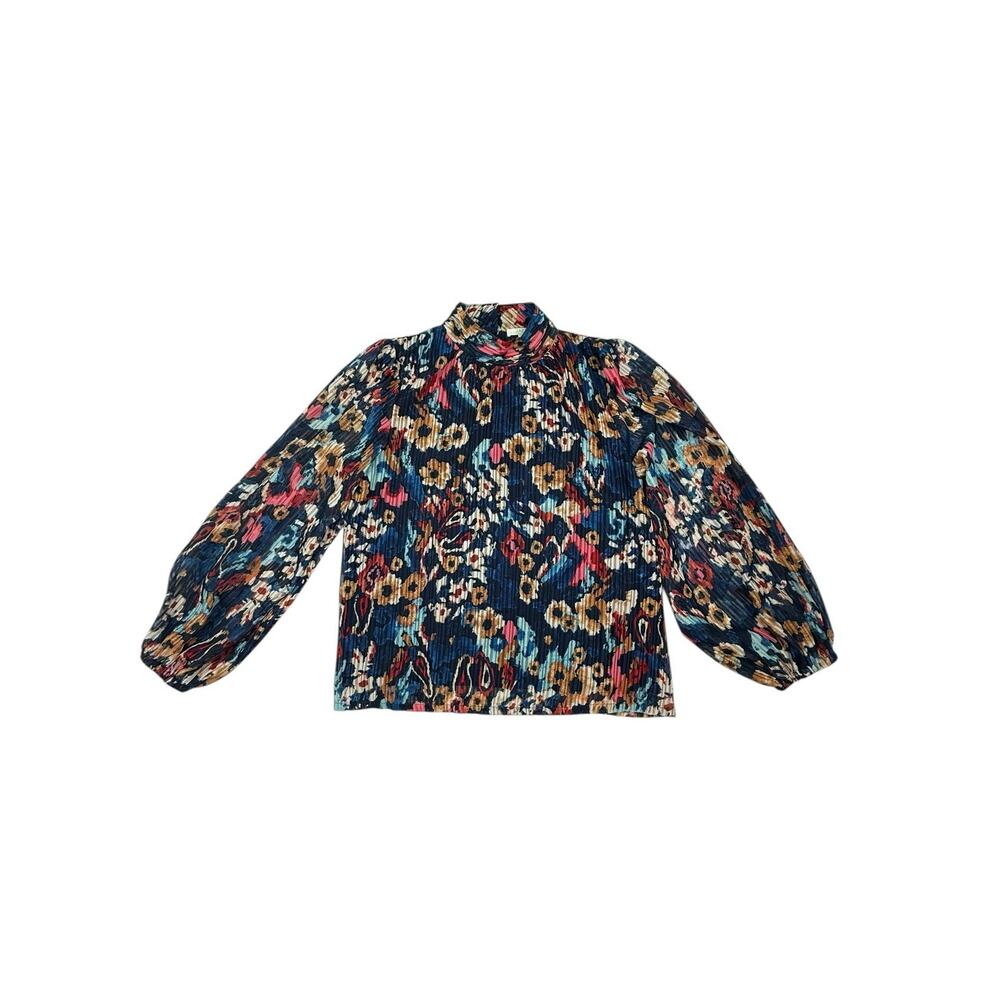 Jade Melody Tam Plissé Floral Print Mock Neck Balloon Sleeve Blouse M